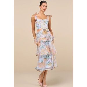 Lulus Playfully Posh Blue Floral Organza Tie-Strap Tiered Midi Dress NWT Small
